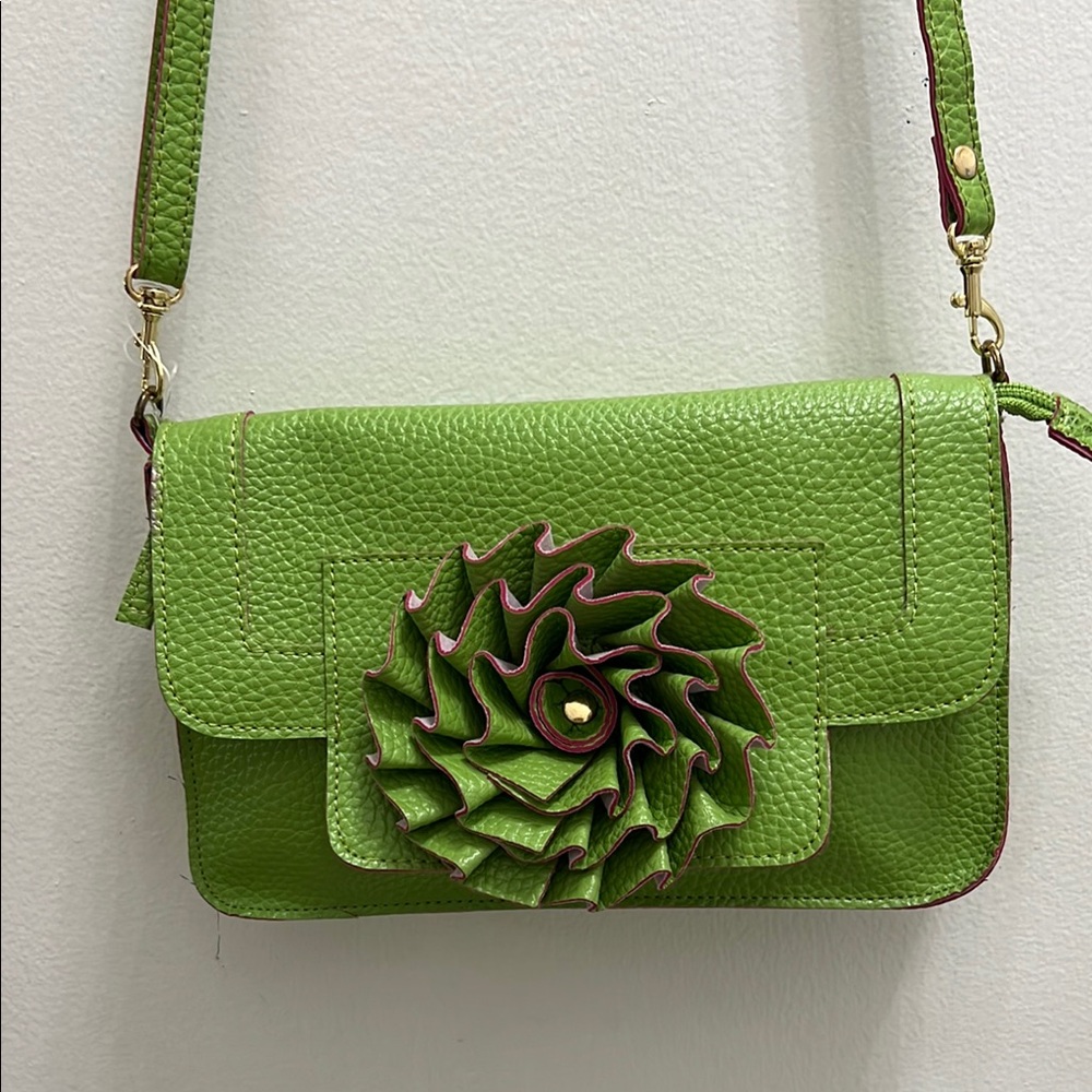 Jogga Green Leather Shoulder Bag with Floral Accent